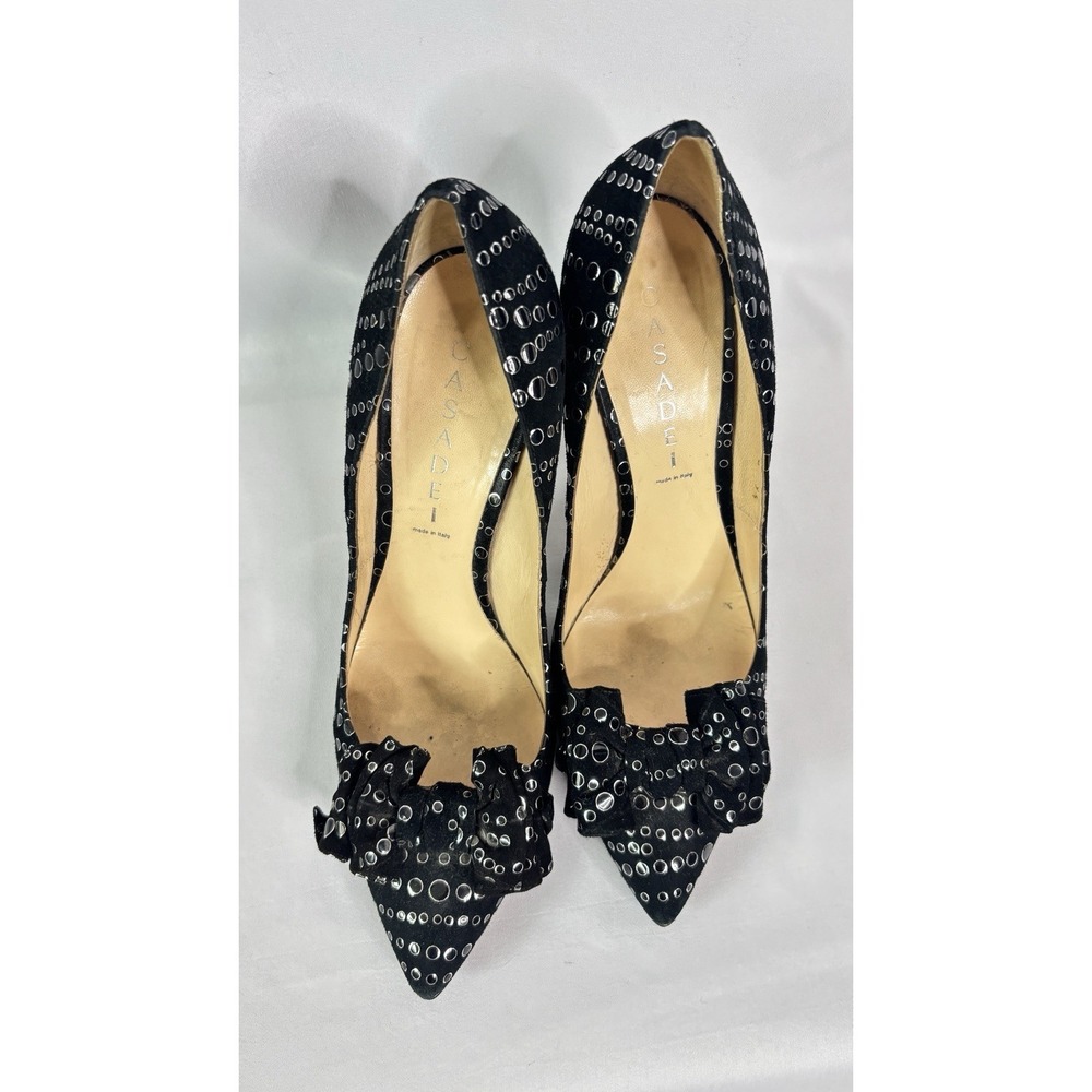 CASADEI‎ Black Suede With Silver Accent Bow Pump Heels Size 9.5